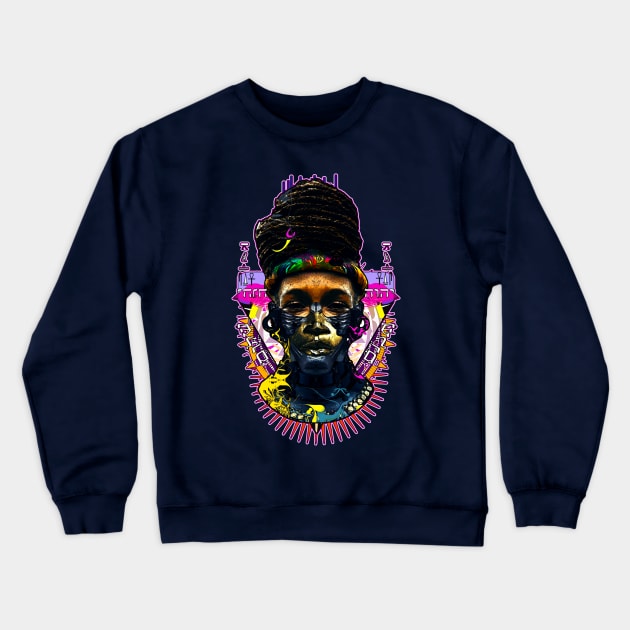 Afro Hair Black Girl Shogun Melanin Ronin Warrior Crewneck Sweatshirt by Glass Table Designs